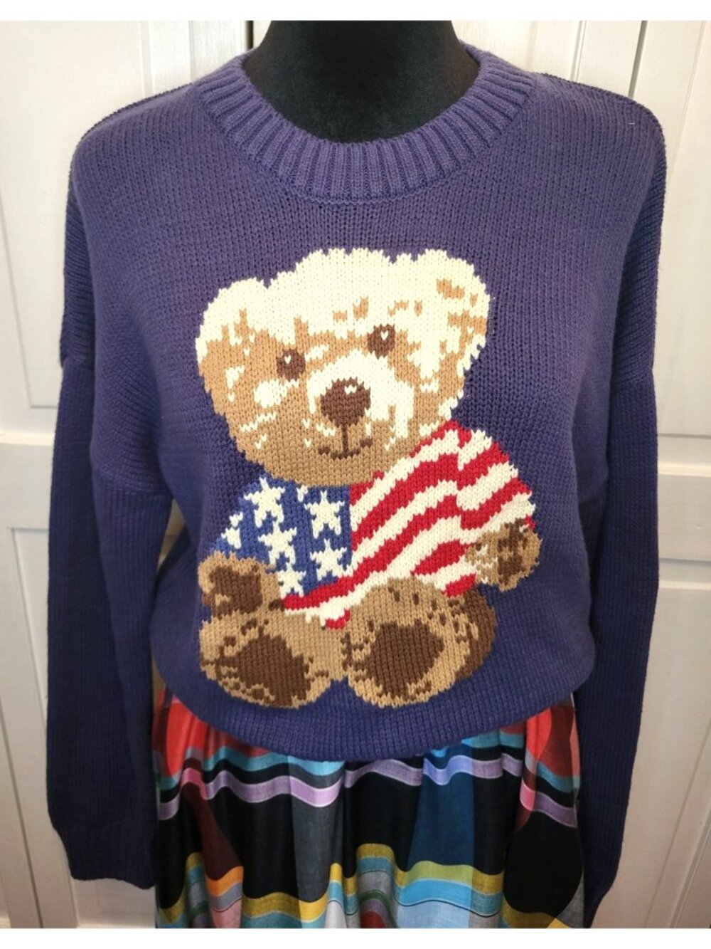 Grayson Threads Navy Blue Teddy Bear Flag Cropped Sweater S Americana Preppy